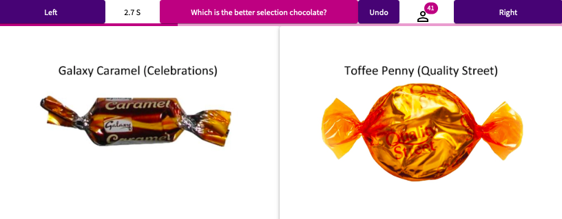 NeilDefty's tweet image. Tricky decisions ahead!
To help us find The Nation&apos;s Favourite Selection Chocolate (if you haven&apos;t already), follow the link to sign up, then start judging by clicking the purple Left or Right button to choose your favourite... 
au.nomoremarking.com/judging/signup…
@nmmarking @daisychristo