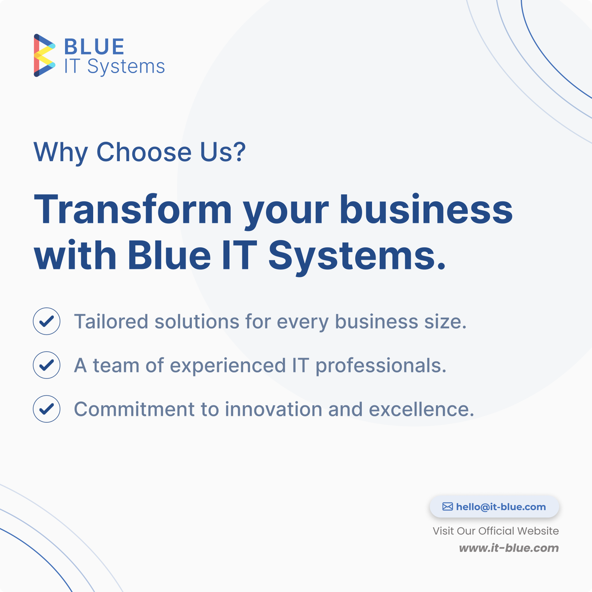 BlueITSystems's tweet photo. Blue IT Systems, believes every business deserves digital solutions tailored to its unique needs. 
Why Choose Us?
✔️ Tailored solutions for every business size.
✔️ A team of experienced IT professionals.
✔️ Commitment to innovation and excellence.
#BlueITSolutions #Digital #Tech https://t.co/yMgj4uzzKu