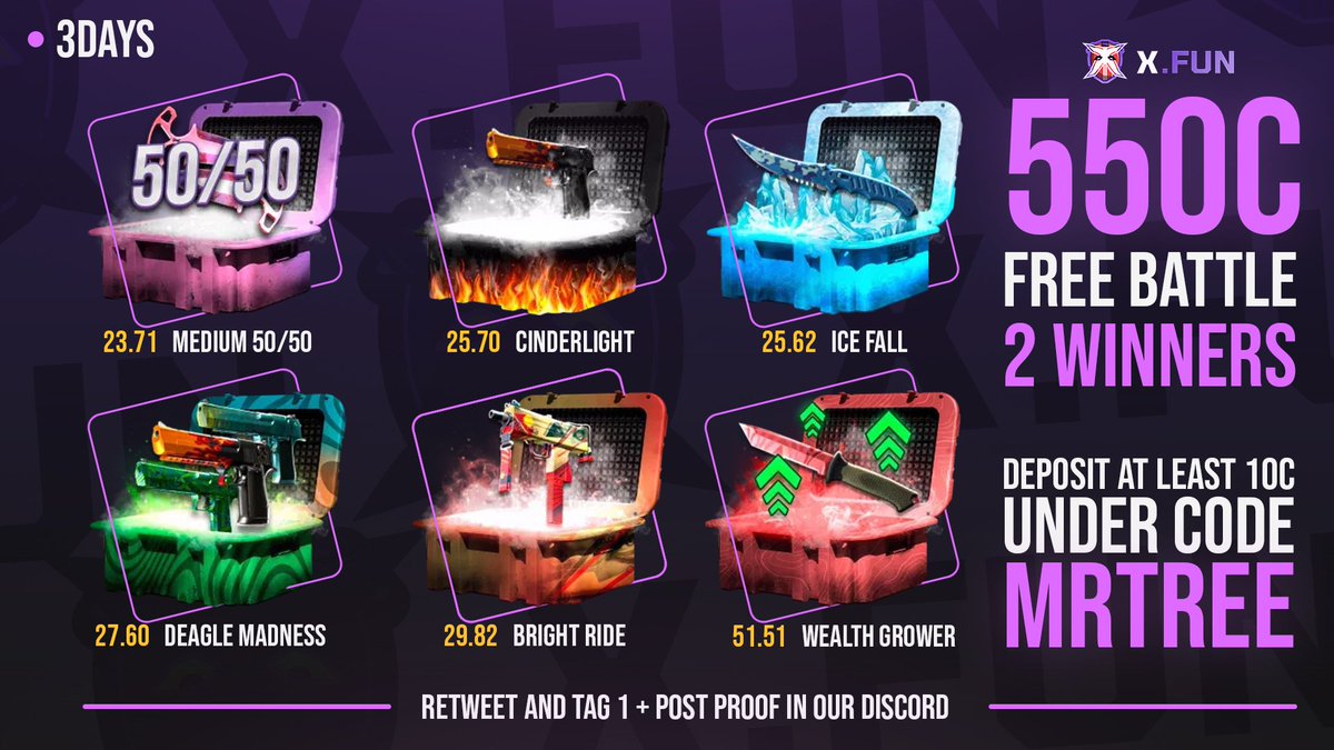 MrTreeGambling's tweet image. 🔥550c FREE BATTLE EVERY 3 DAYS GIVEAWAY ON @xdotfun🔥

💰2 Winners

👉Just deposit at least 10coins under code &apos;MRTREE&apos; on XFUN: x.fun/r/mrtree
👉Post proof on #xfun-proof in our discord: discord.gg/mrtree &amp;amp; Retweet

💰Combine with our HUGE LEADERBOARD!…