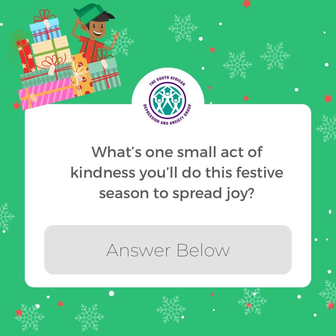 TheSADAG's tweet photo. Kindness is contagious! 🎁✨ What’s one little thing you’ll do to bring a smile to someone’s face this festive season? Let’s start a ripple effect of joy in the comments. 🌟 #SpreadKindness #MentalHealthMatters #WednesdayQuestion https://t.co/G4l65OScFR