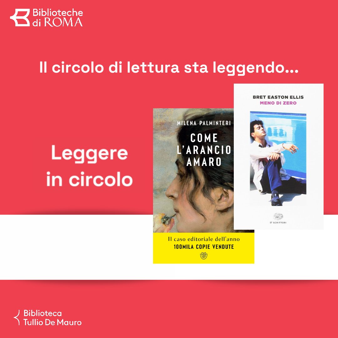 I libri scelti dai partecipanti del circolo di lettura durante l'ultimo incontro sono "Come l'arancio amaro" di Milena Palminteri e "Meno di zero" di Bret Easton Ellis. Ci vediamo giovedì 23 gennaio alle 16.30!

INFO👉bit.ly/3XBBQi5

#bibliotechediroma #leggereincircolo