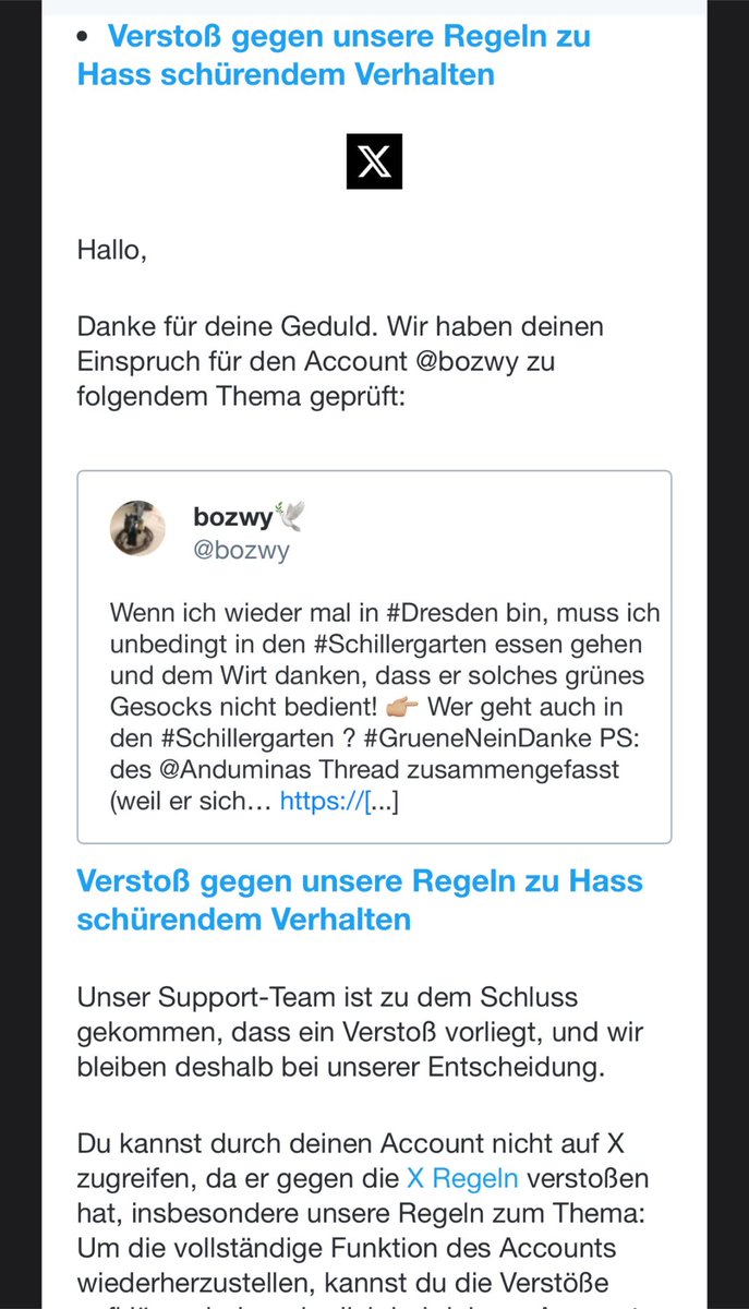 Dear <a href="/elonmusk/">Elon Musk</a> can you explain me why this post should be hatespeech?

Is it because the algorithm means to be against “the greens” (die Grünen) thinks green (grün) is a person of colour?

Please unlock <a href="/bozwy/">Bozwy 🕊️</a>