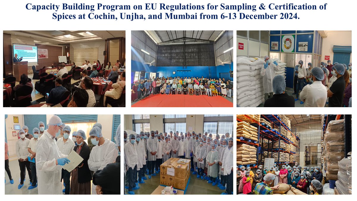 IndoCooperation's tweet photo. The AMD project along with @Spices_Board conducted training on EU Regulations for Sampling &amp; Certification of Spices on 6-7 Dec 2024 at Cochin, Kerala, 9-10 Dec 2024 at Unjha, Gujarat, and 12-13 Dec 2024 at Mumbai. #EURegulations #SpicesCertification #FoodSafet https://t.co/31B9wDVJHs
