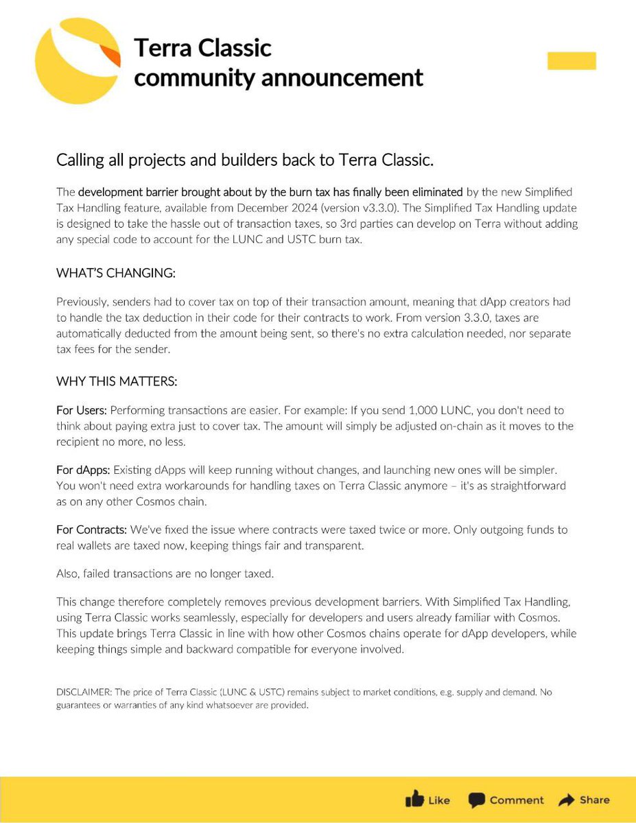 #TerraClassic is now got rid of tax issue that hindered dApps developers!

🔥Summarized of the new #LUNC v3.3.0 upgrade - 17th December 2024 🔥

Please share and comment 🙏🏼 

#LUNCcommunity #luncburn #USTC #USTCREPEG #USTC1DOLLAR $LUNC #LunaClassic