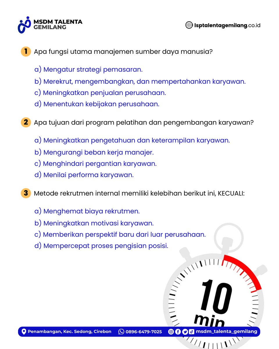 LspMsdm_id's tweet image. Suka merasa bingung sama soal-soal ujian sertifikasi SDM? Jangan khawatir! Simulasi pertanyaan ini bisa bantu kamu lebih siap dan percaya diri pas ujian nanti💪

📞 Hubungi kami di [0896-6479-7025]
🌐 Klik link di bio untuk info lebih lengkap!
_
#msdmtalentagemilang #lsp #msdm