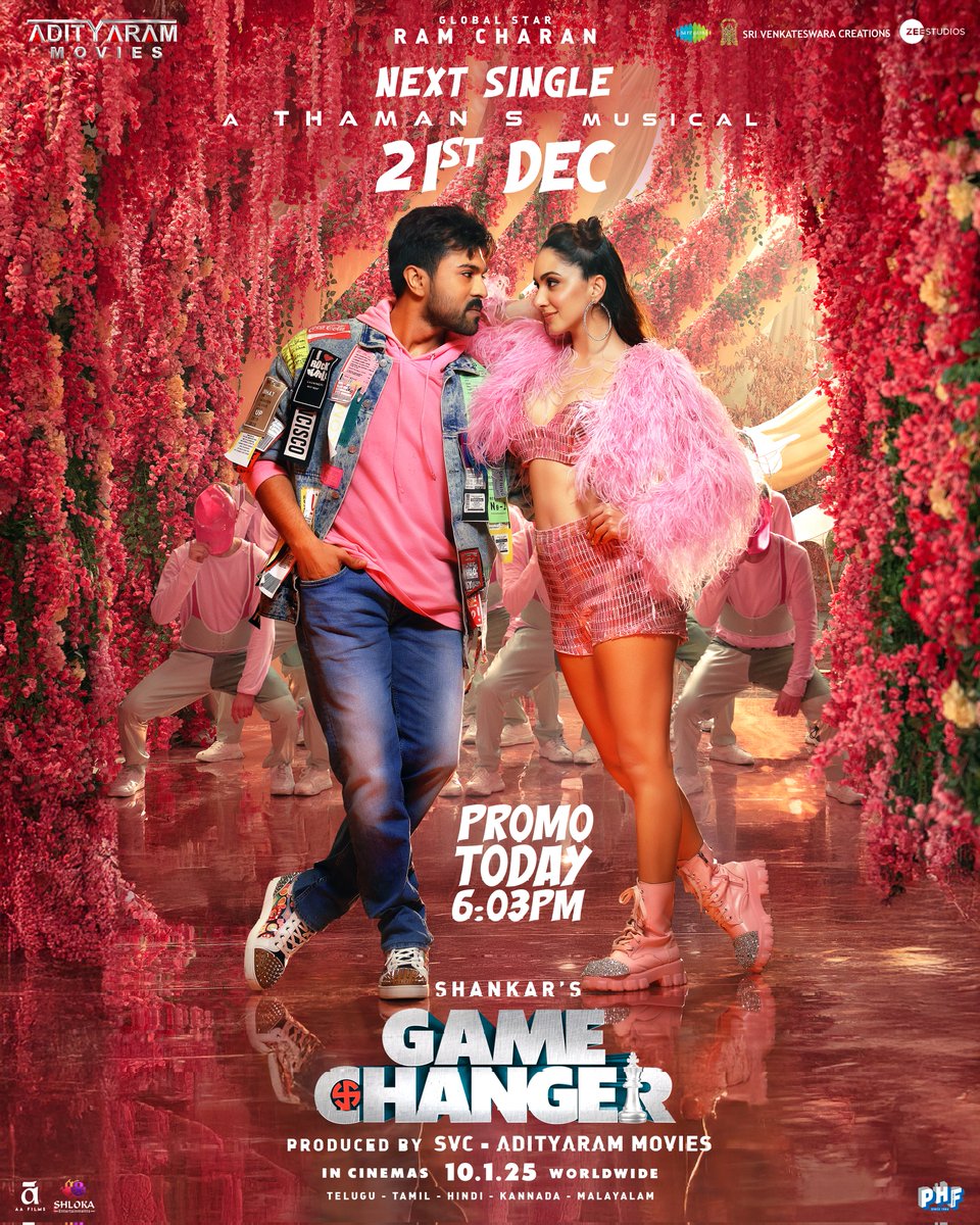 Sri Venkateswara Creations (@svc_official) on Twitter photo Coming to shake it up with some high voltage! Ready? 💥💥
Promo drops today @ 6:03 pm and the song arrives on 21st December
Stay Tuned!
#GameChanger
#GamechangerOnJAN10 🚁
GlobalStar <a href="/AlwaysRamCharan/">Ram Charan</a> <a href="/shankarshanmugh/">Shankar Shanmugham</a> <a href="/advani_kiara/">Kiara Advani</a> <a href="/yoursanjali/">Anjali</a> <a href="/iam_SJSuryah/">S J Suryah</a> <a href="/MusicThaman/">thaman S</a> Coming to shake it up with some high voltage! Ready? 💥💥
Promo drops today @ 6:03 pm and the song arrives on 21st December
Stay Tuned!
#GameChanger
#GamechangerOnJAN10 🚁
GlobalStar <a href="/AlwaysRamCharan/">Ram Charan</a> <a href="/shankarshanmugh/">Shankar Shanmugham</a> <a href="/advani_kiara/">Kiara Advani</a> <a href="/yoursanjali/">Anjali</a> <a href="/iam_SJSuryah/">S J Suryah</a> <a href="/MusicThaman/">thaman S</a>