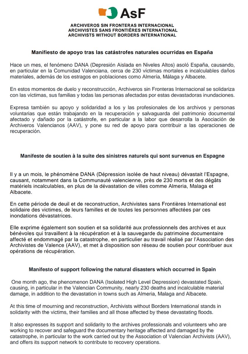 ArxiversSF's tweet photo. 🟧🟢 COMUNICADO Archiveros sin Fronteras Internacional |
Manifiesto de apoyo tras las catástrofes naturales ocurridas en España

@asf_inter https://t.co/jWuvQy6yw1