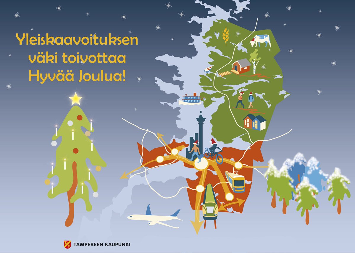 Hyvän joulun odotusta toivottaa #TREyleiskaava'n tonttujoukko!🧑‍🎄

Kestävän ja vetovoimaisen Tampereen tekeminen jatkuu ensi vuonna niin urbaanissa ympäristössä kuin maaseutumaisessa miljöössä.

Hyväksyttäviksi tulevat sekä kantakaupungin vaiheyleiskaava että Nurmin osayleiskaava.