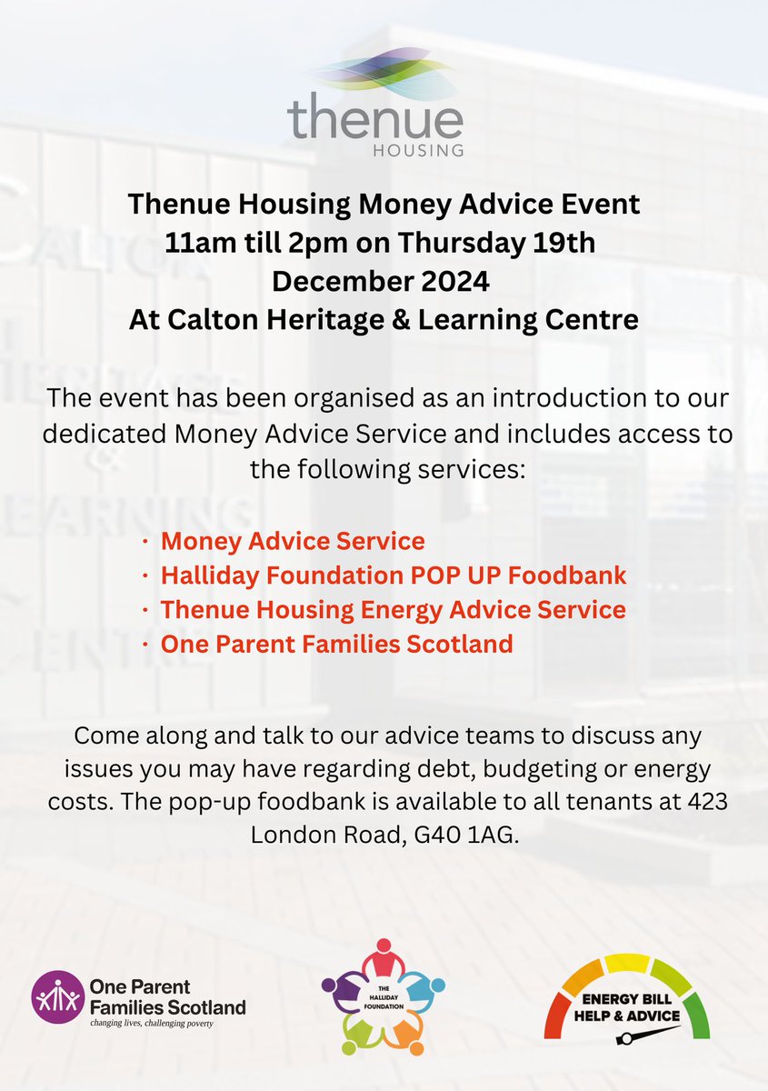 St Anne's RC Primary School Glasgow (@stannesprimary) on Twitter photo The <a href="/ThenueHousing/">Thenue Housing</a> Money Advice Event is taking place tomorrow at 11am to 2pm in the Calton Heritage & Learning Centre. Open to all our families, looking for advice and support with budgeting, energy costs and managing debt. <a href="/OPFS/">One Parent Families Scotland</a> #partnerships The <a href="/ThenueHousing/">Thenue Housing</a> Money Advice Event is taking place tomorrow at 11am to 2pm in the Calton Heritage & Learning Centre. Open to all our families, looking for advice and support with budgeting, energy costs and managing debt. <a href="/OPFS/">One Parent Families Scotland</a> #partnerships