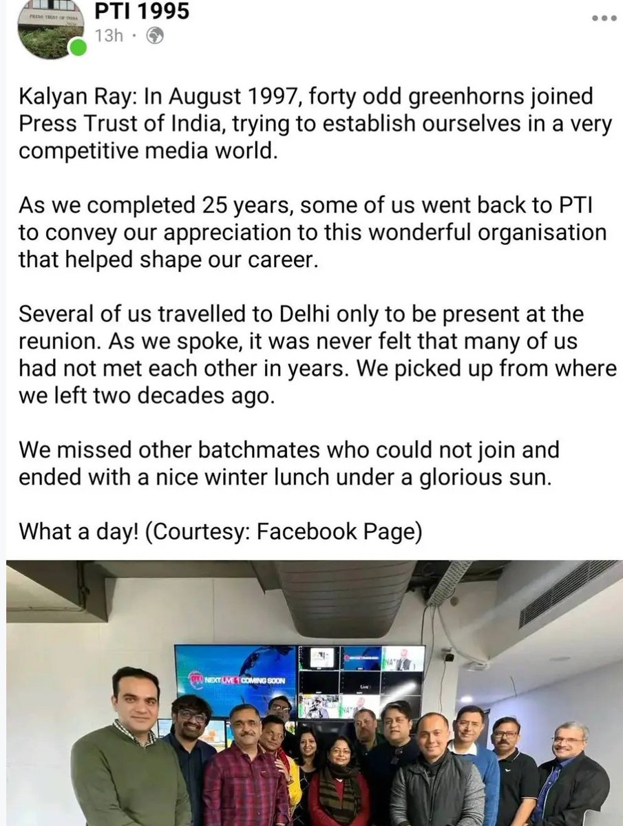 dwijendra1971's tweet photo. Rarely do we have so much of bonhomie amongst ex colleagues of an organization or respect for offices they ve worked. @PTI_News is an exception. Its training schedule familiarises one with all and thus a strong bond is created! A  post frm PTI1995 Facebook page, 2 yrs ago! https://t.co/5KclqK0mqA