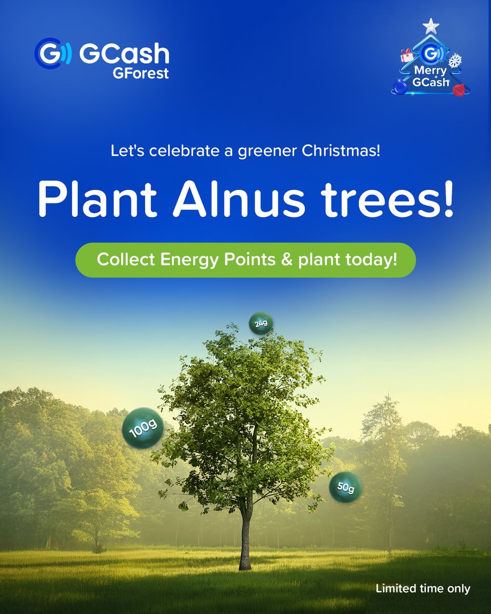 gcashofficial's tweet photo. It’s beginning to look a lot like a greener Christmas!
This holiday season, more trees are available. Get ready to plant an Alnus tree, collect energy points, and plant with #GForest today! 🌱 https://t.co/xoYTVBqQQ1
