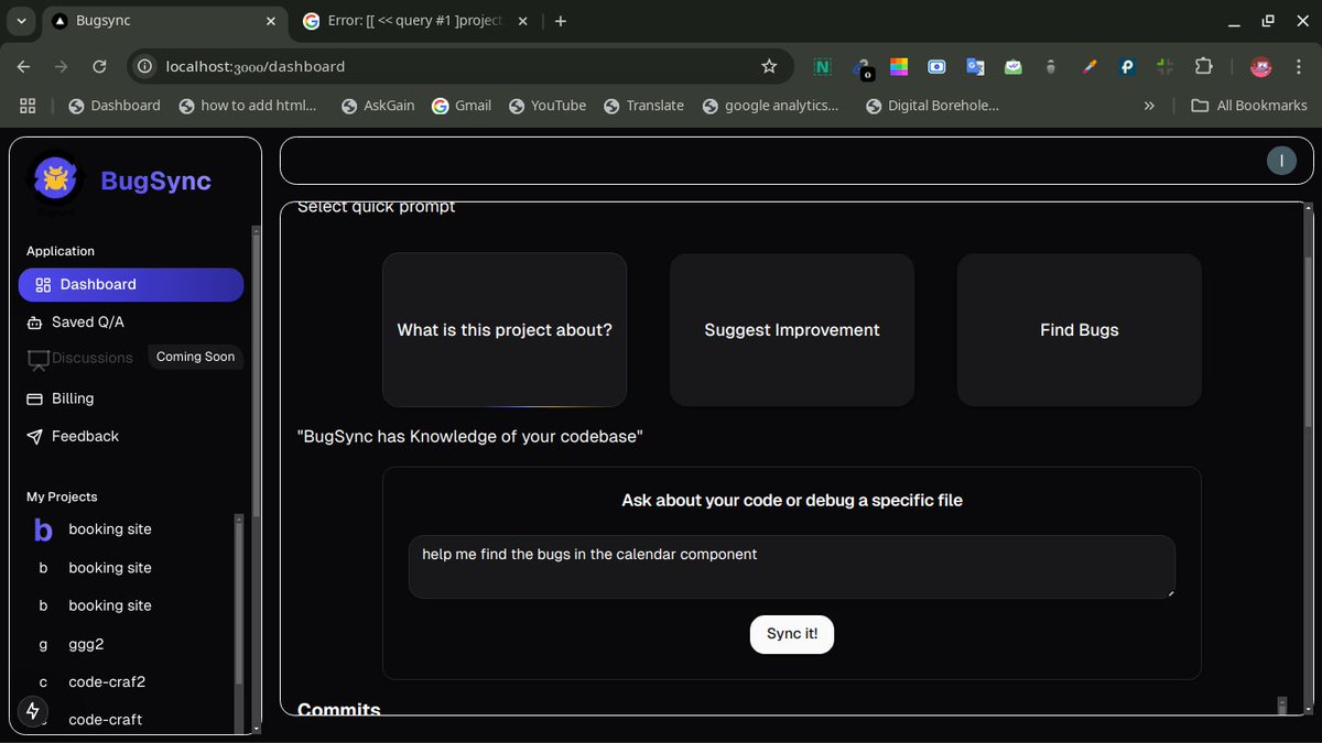 lawalstacks's tweet image. 💻 &quot;🚀 Sneak peek into BugSync in action!

Debugging made simple:
✅ Ask questions about your codebase
✅ Spot and fix bugs
✅ Suggest performance improvements

Here’s a glimpse of the dashboard we’re building. More exciting features coming soon!

#BugSync #SaaS #DevTools