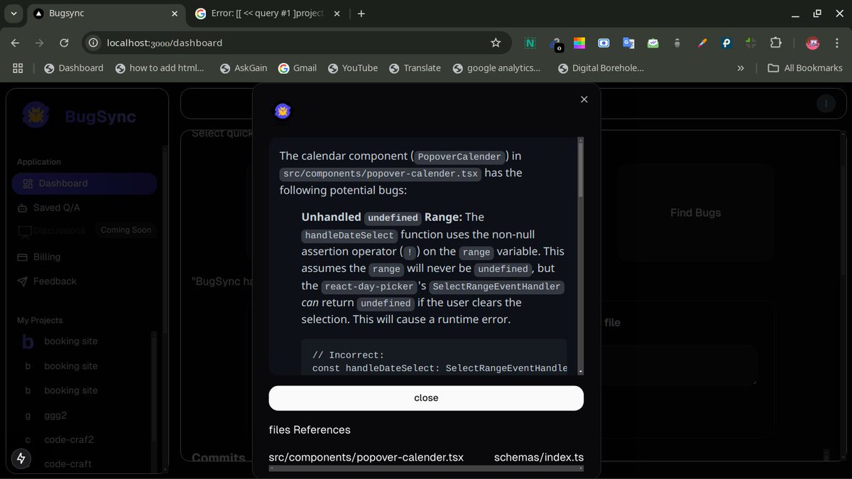lawalstacks's tweet image. 💻 &quot;🚀 Sneak peek into BugSync in action!

Debugging made simple:
✅ Ask questions about your codebase
✅ Spot and fix bugs
✅ Suggest performance improvements

Here’s a glimpse of the dashboard we’re building. More exciting features coming soon!

#BugSync #SaaS #DevTools