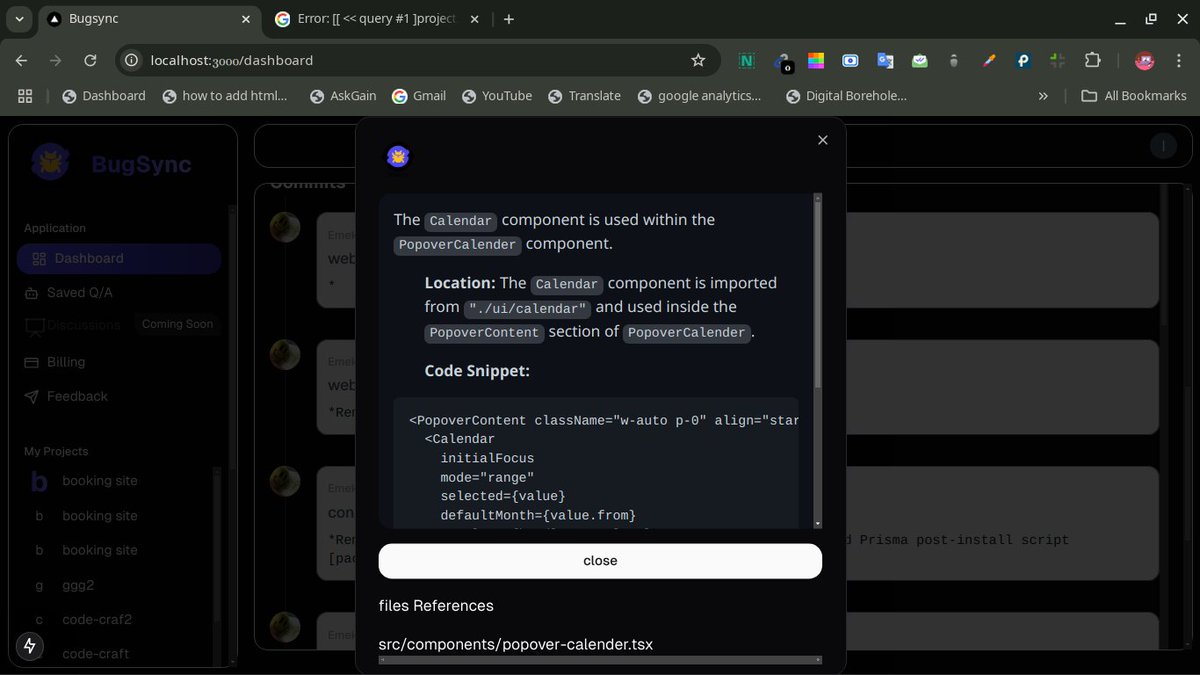 lawalstacks's tweet image. 💻 &quot;🚀 Sneak peek into BugSync in action!

Debugging made simple:
✅ Ask questions about your codebase
✅ Spot and fix bugs
✅ Suggest performance improvements

Here’s a glimpse of the dashboard we’re building. More exciting features coming soon!

#BugSync #SaaS #DevTools