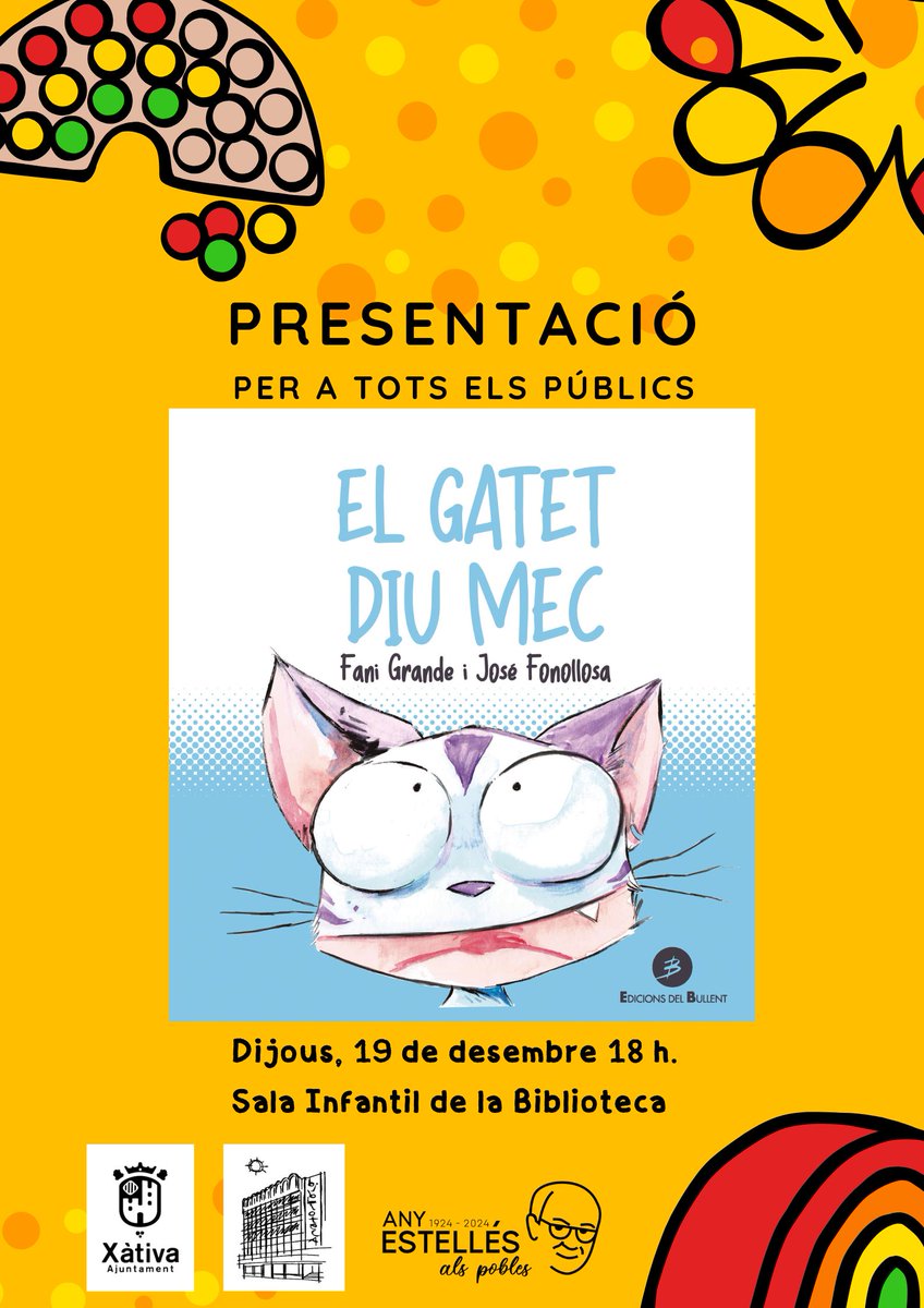 📚BIBLIOTECA

Fani Grande presenta demà a #Xàtiva el seu llibre "El gatet diu mec" junt amb l'il·lustrador José Fonollosa.

🗓️Dijous 19 de desembre
🕐18h
📍Sala infantil de la Biblioteca Municipal