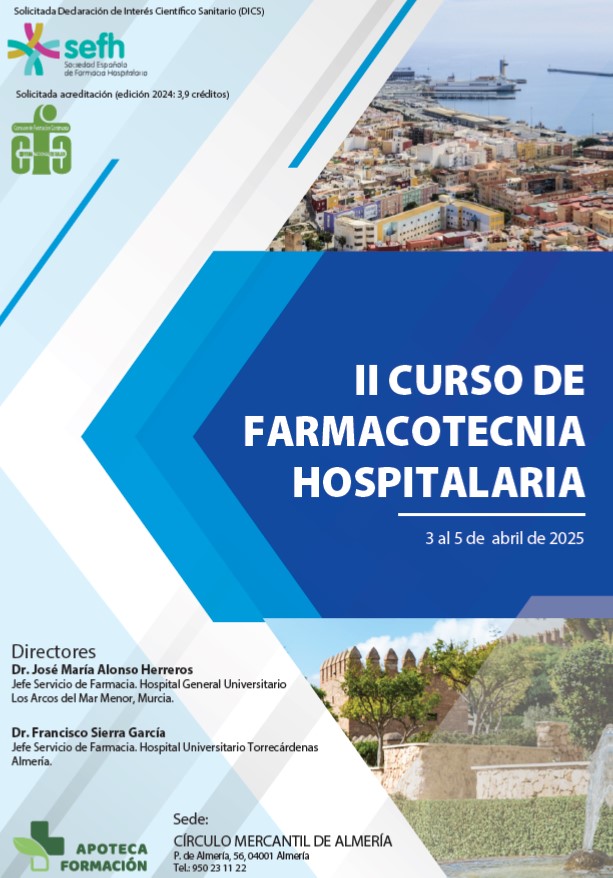 Ya puedes reservar tu plaza en el II Curso de Farmacotecnia Hospitalaria en farmacotecnia.apotecaformacion.com 3-5 abril 2025 en Almería. Actualízate en la elaboración de medicamentos y proporciona más calidad y seguridad a tus pacientes
