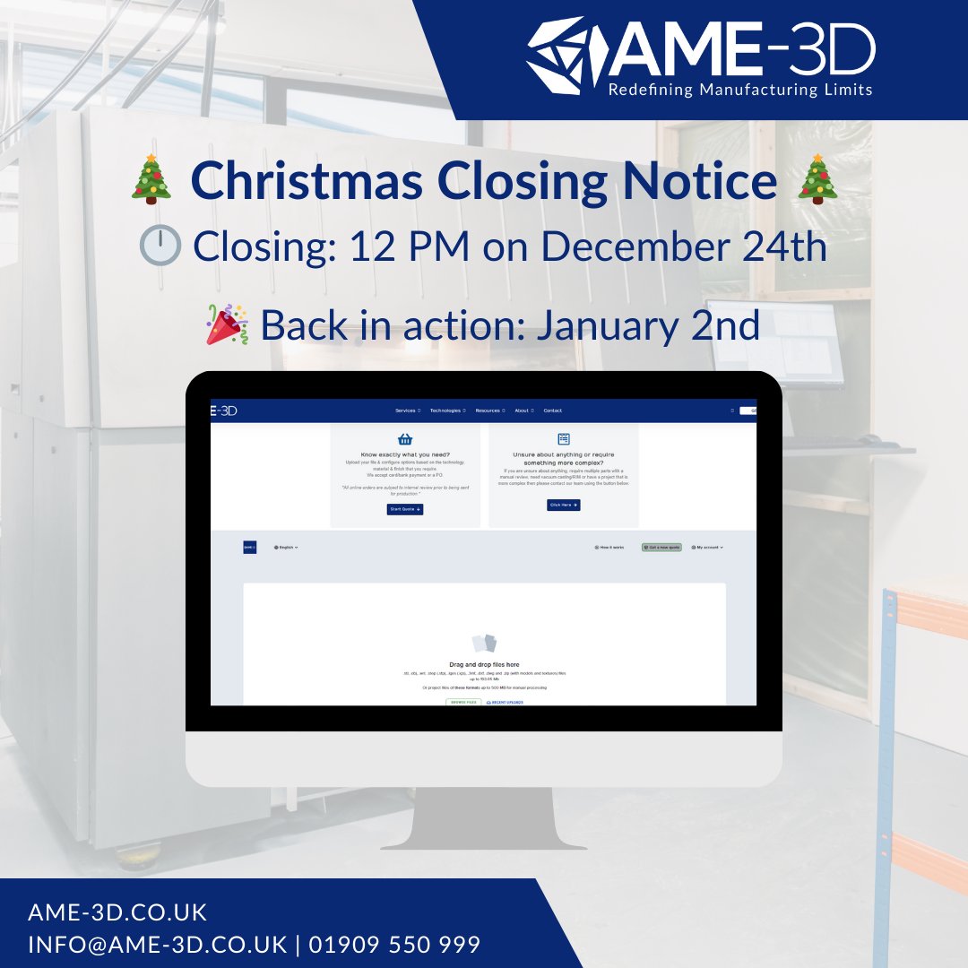 We’re taking a festive break! 🎅

If you have any last-minute 3D printing needs, we’re here to help! ⏰ Get an instant quote: bit.ly/3ZVUxzn

Wishing you all a wonderful Christmas &amp; a Happy New Year! 🎁

#3DPrinting #ChristmasClosing #MerryChristmas #HappyNewYear