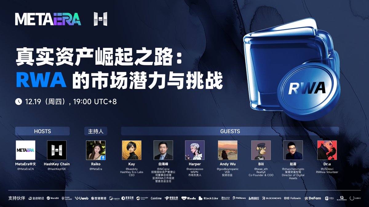 MetaEra 中文 (@metaeracn) on Twitter photo 🔥 真实资产崛起之路:RWA 的市场潜力与挑战
⏰ 时间:12.19, 19:00 UTC+8
🔗 链接:x.com/i/spaces/1MYxN…
✨ 主办方:<a href="/MetaEraCN/">MetaEra 中文</a>,<a href="/HashKeyHSK/">HashKeyHSK</a>
🎙️ 主持人 & 特邀嘉宾:<a href="/Raiko_Cheng/">程景 Raiko</a>,<a href="/kasdoty/">Kay</a>,<a href="/AkCqcw/">白海峰白</a>,<a href="/oenoneoooo/">Harper</a>,<a href="/goodboynopanic/">AndyWu</a>,<a href="/beae_eth/">BΞAΞ.eth 🦇🔊</a>,@zhaochencrypto,@USDesci
📅 🔥 真实资产崛起之路:RWA 的市场潜力与挑战
⏰ 时间:12.19, 19:00 UTC+8
🔗 链接:x.com/i/spaces/1MYxN…
✨ 主办方:<a href="/MetaEraCN/">MetaEra 中文</a>,<a href="/HashKeyHSK/">HashKeyHSK</a>
🎙️ 主持人 & 特邀嘉宾:<a href="/Raiko_Cheng/">程景 Raiko</a>,<a href="/kasdoty/">Kay</a>,<a href="/AkCqcw/">白海峰白</a>,<a href="/oenoneoooo/">Harper</a>,<a href="/goodboynopanic/">AndyWu</a>,<a href="/beae_eth/">BΞAΞ.eth 🦇🔊</a>,@zhaochencrypto,@USDesci
📅