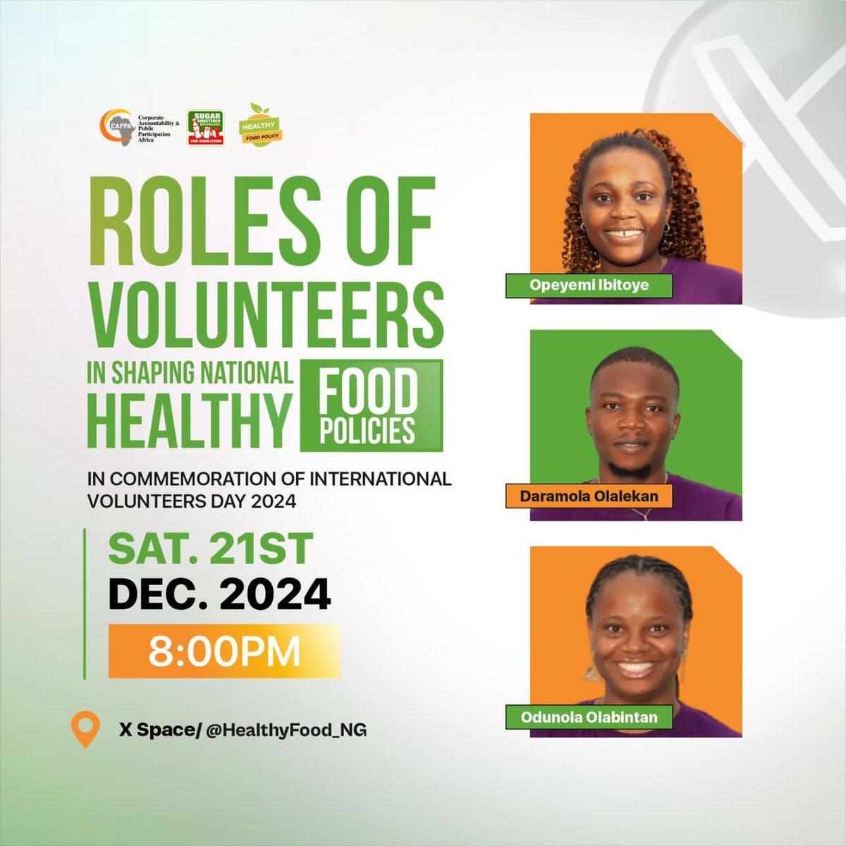 dhorkasmbasen's tweet photo. Join us as we discuss the Roles of Volunteers in Shaping National Healthy Food Policies.

@CAPPAfrica 
@IncubatorGHAI 
@HealthyFood_NG https://t.co/nZQSUs3gH8
