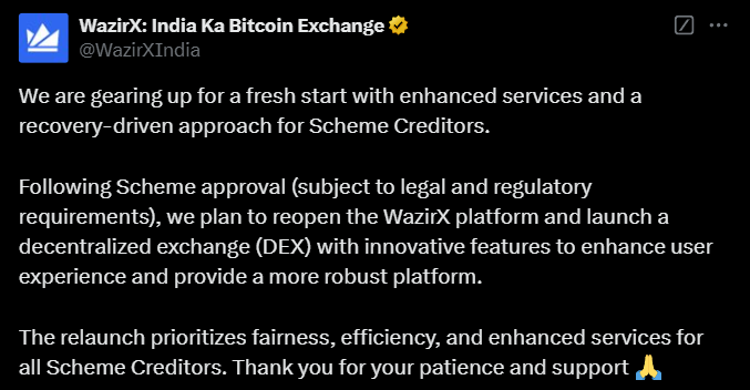 ImZiaulHaque's tweet photo. WazirX is planning to reopen the platform! 🚨

In this last post, @WazirXIndia announced they will reopen the platform and launch a new DEX.

No date is mentioned.
No update on the refund.

Why not refund user's money instead of launching a new DEX? 🤨

Will WazirX refund the lost profit that a user could easily make in this bullrun?