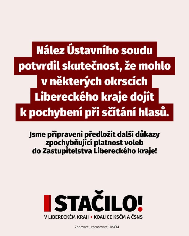 milankrajcacz's tweet photo. 🔴 Koalice Komunistické strany Čech a Moravy a České strany národně sociální STAČILO! je připravena předložit další důkazy zpochybňující platnost voleb do Zastupitelstva Libereckého kraje‼️

#kscm #csns #stacilo #volby #liberec https://t.co/cnpHVrZTVD