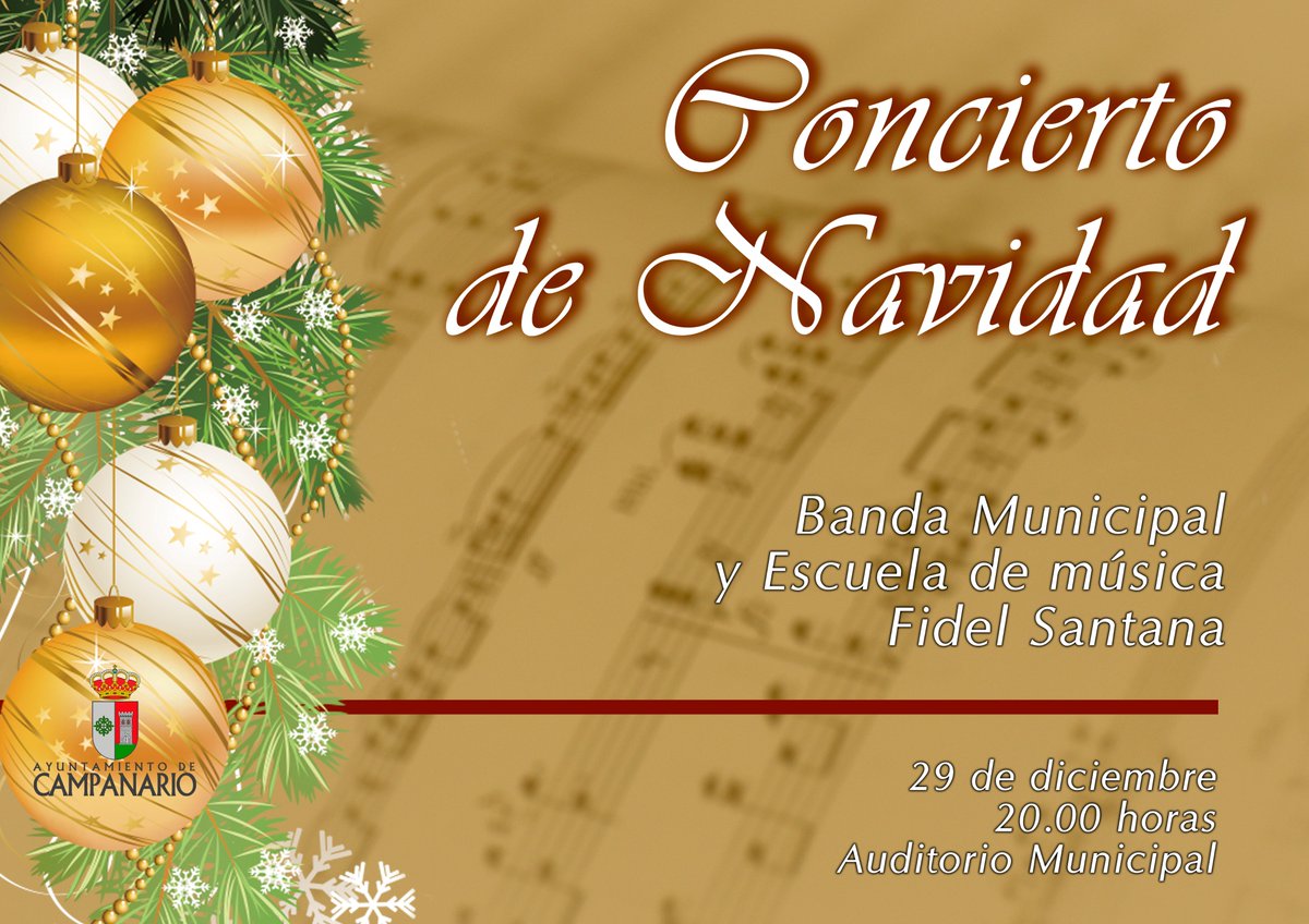 Mañana se celebra en el Auditorio Municipal el Concierto de Navidad a cargo de la Banda Municipal de Música y la Escuela de Música Fidel Santana. El concierto comenzará a las 20.00 horas en el Auditorio Municipal.