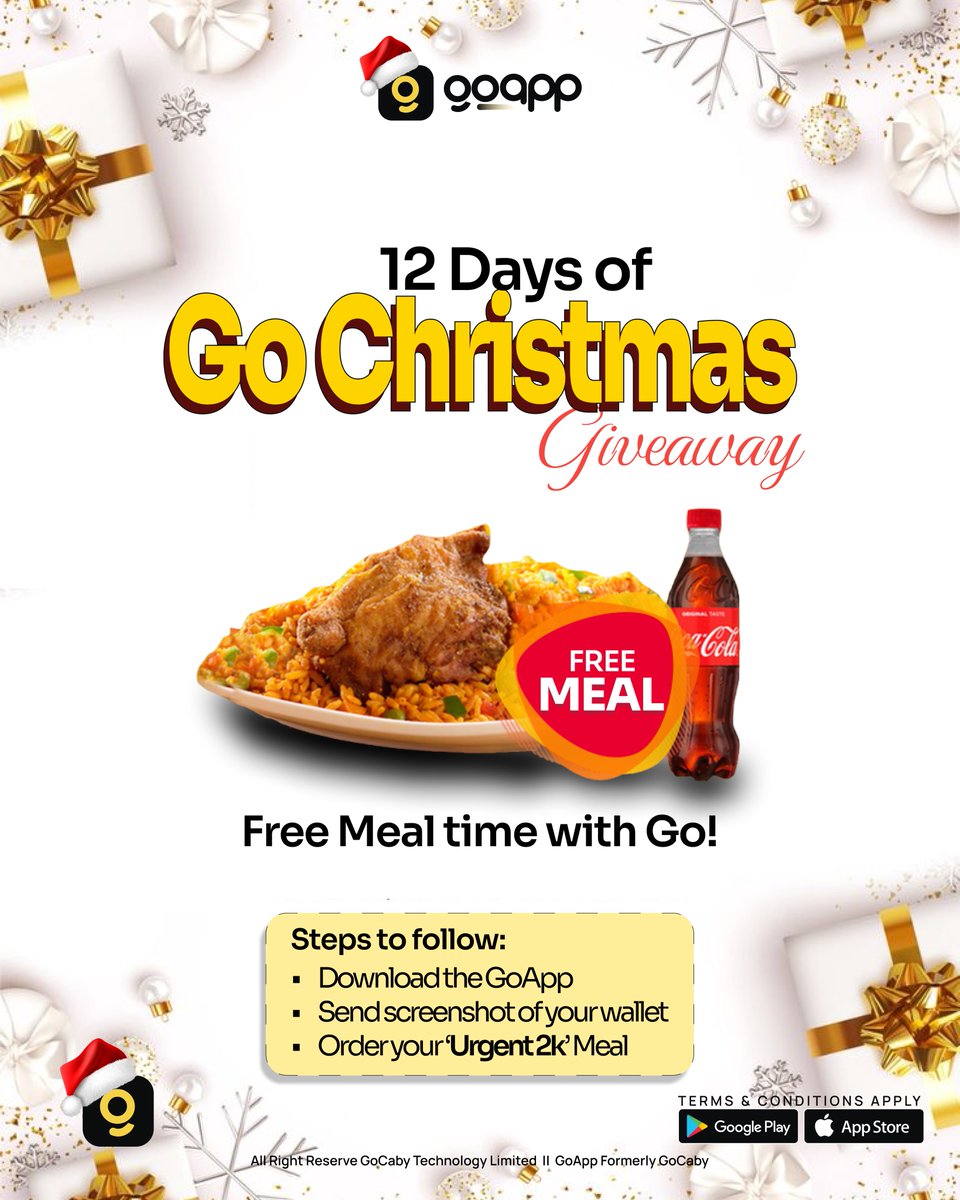 usegoapp's tweet photo. For todays’s giveaway, 3 lucky persons will get free meals from the GoApp.
Follow the instructions on the flyer and comment “Go App”
📲https://t.co/DFi0diwNHQ
Tag your friends!💃💃
#GoApp #12daysofchristmas #12daysofchristmasgiveaway #usegoapp
#gocabyng #freemmeal #lunchbox #lunch