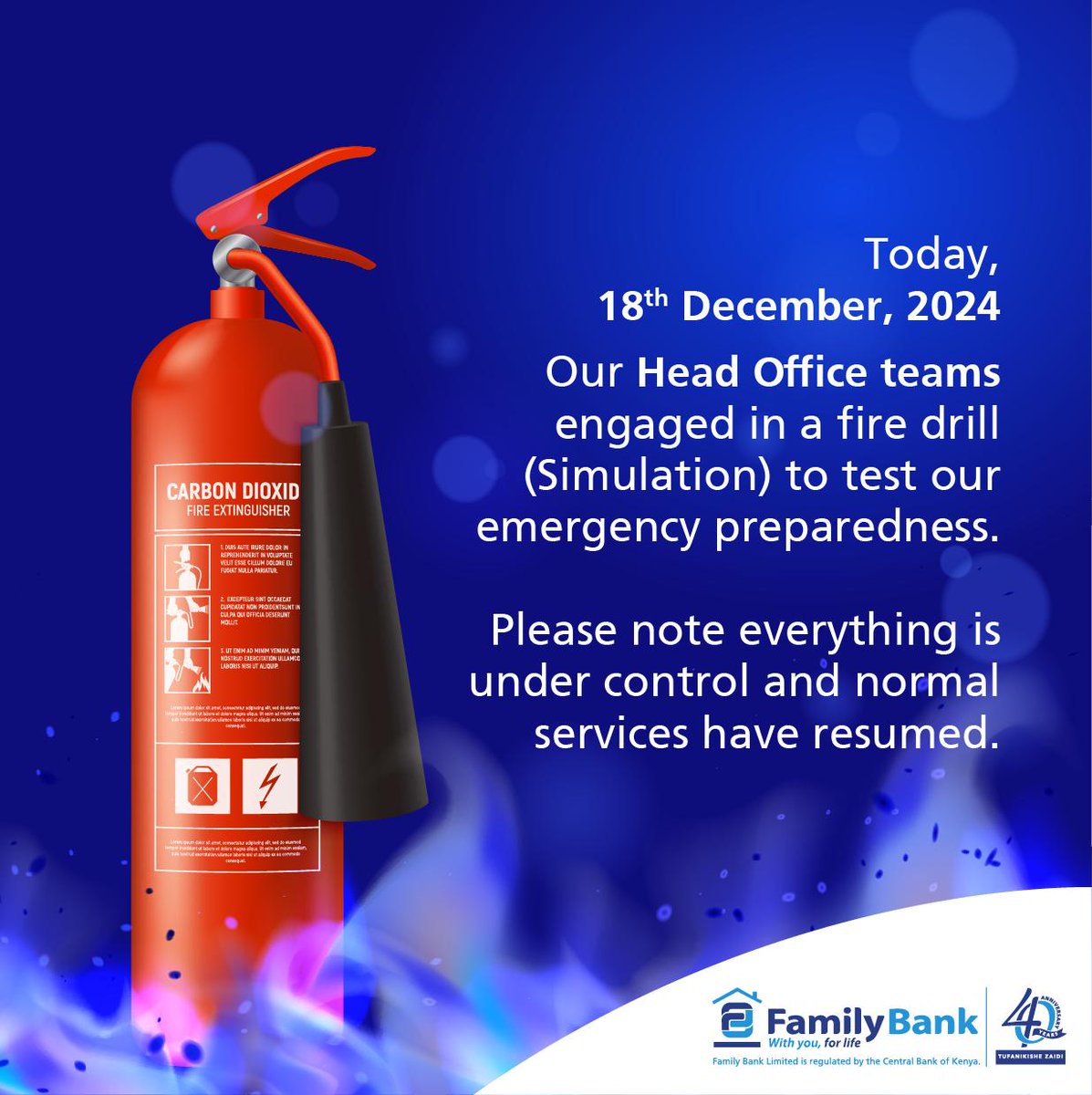 FamilyBankKenya's tweet image. Our Head Office staff conducted a fire drill exercise to assess our readiness for emergencies. Please be informed that all is well, and regular operations have recommenced.

We appreciate your patience and ongoing support.

#EmergencyReadiness #SafetyMeasures #FireDrill