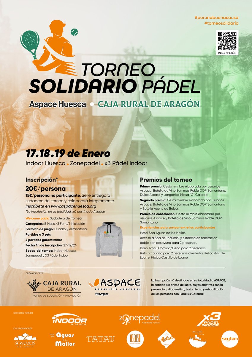 Llega el I Torneo Solidario de Pádel ASPACE Huesca - Caja Rural de Aragón (15/17 enero).La recaudado se destinará a nuestra nueva residencia. 
📷 Lugar: Instalaciones de X3PADEL INDOOR, ZONE PADEL, INDOOR HUESCA 📷
Inscripciones (has 27/12)en avaibooksports.com/.../1er-torneo…