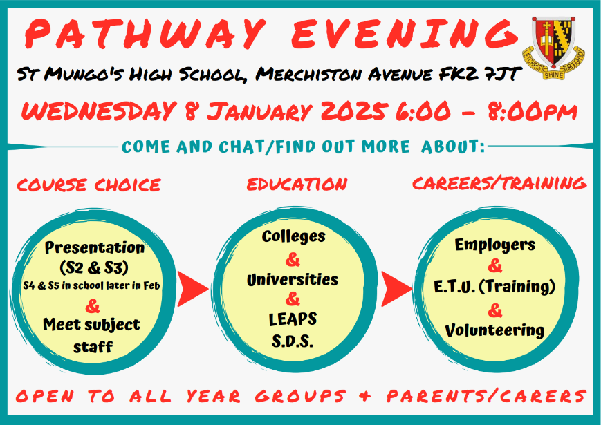 DYW @ St Mungo’s (@dywstmungos1) on Twitter photo <a href="/StMungosFalkirk/">St Mungo's HS</a> are delighted to invite our young people & families to our career pathway event on the 8th Jan, 6pm-8pm.
This is the perfect opportunity to get advice on choosing the right subjects and ensuring you are on the right career path. Add it to your diary now! <a href="/StMungosFalkirk/">St Mungo's HS</a> are delighted to invite our young people & families to our career pathway event on the 8th Jan, 6pm-8pm.
This is the perfect opportunity to get advice on choosing the right subjects and ensuring you are on the right career path. Add it to your diary now!