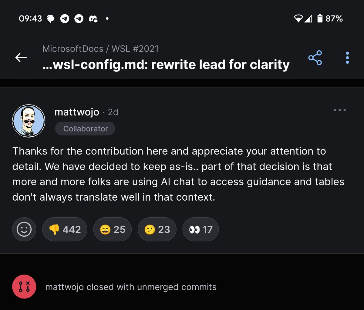 LukasHozda's tweet image. Guy: Rewrites docs for clarity

Microsoft: No, we want the documentation readable for AI not humans