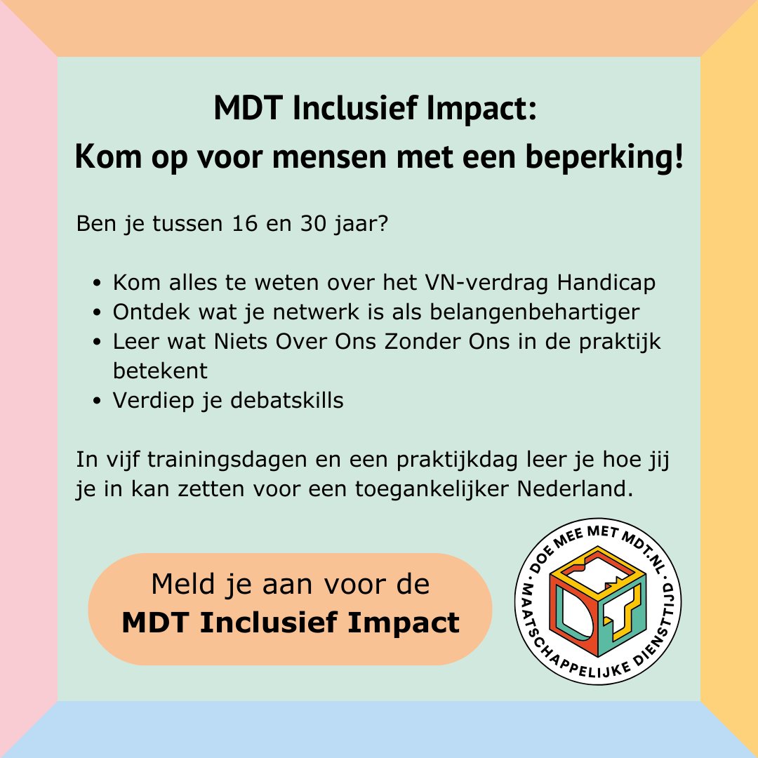 Wil jij werken aan je skills als belangenbehartiger? En ben je tussen de 16 en 30 jaar oud? Doe mee aan de tweede ronde van Inclusief Impact! Je start op 14 februari in een groep van 15 jongeren.

Meld je zo snel mogelijk aan, er is beperkt plek: nl.surveymonkey.com/r/MDT-inclusie…
