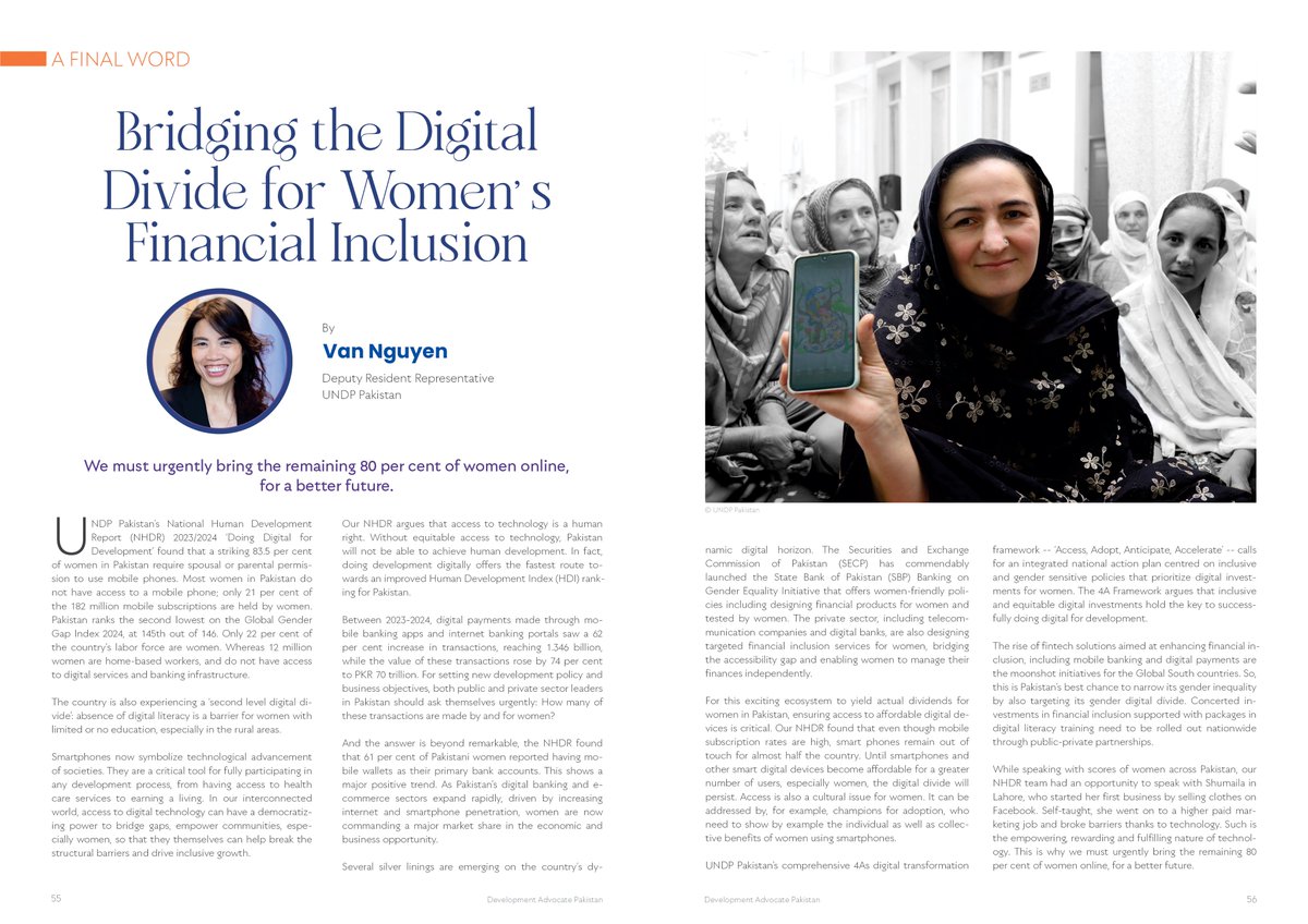 UNDP_Pakistan's tweet photo. #UNDPinPakistan’s DRR @van_ntn in The Final Word for #DevelopmentAdvocatePakistan, A Country for All, calls for urgent action to close digital divide for women’s financial inclusion.  

“In our interconnected world, access to digital technology can have a democratizing power to bridge gaps, empower communities, especially women, so that they themselves can help break the structural barriers and drive inclusive growth.”  

#LeaveNoOneBehind #DigitalInclusion #GenderEquality #FinancialInclusion  

To read more, click the link 👉https://t.co/BxpOpXl8Ng