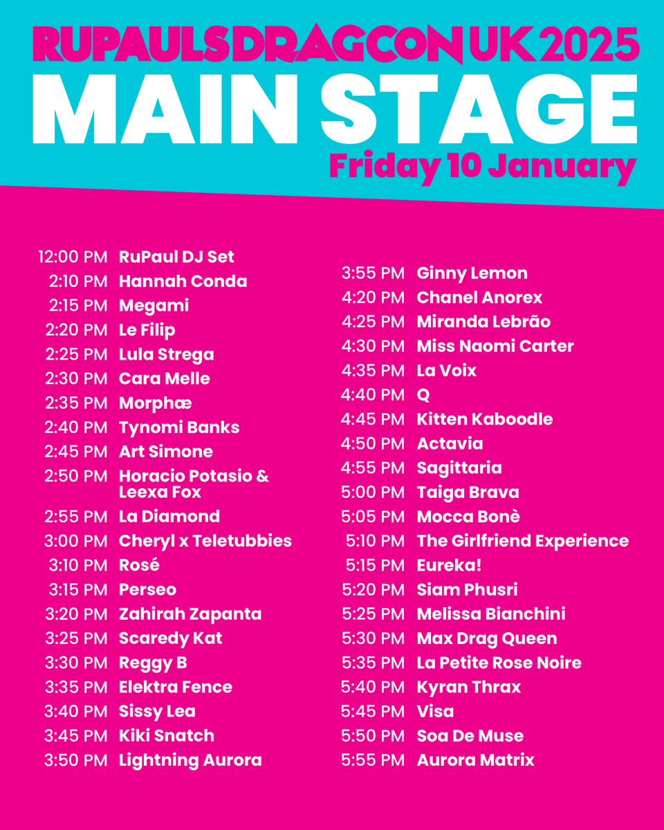 RuPaulsDragCon's tweet image. THIS JANUARY - we are SO back ๐
Here are your Main Stage performance schedules for Friday and Saturday at #DragCon UK - the largest gathering of #DragRace queens in the WORLD! ๐ฌ๐ง
๐๏ธ Tickets:: hubs.la/Q0300LLP0
๐๏ธ 10 & 11 Jan 2025
๐ @excellondon