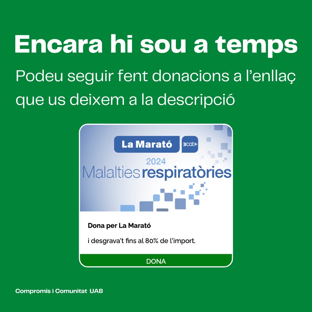 La Cursa de la UAB un any més fent suport a la Marató de TV3.
El passat diumenge 1.500 persones van participar-hi i es van recaptar 21.000 € gràcies a totes elles.
Vosaltres encara sou a temps de col·laborar fent la vostra donació: micromecenatge.uab.cat/lamarato