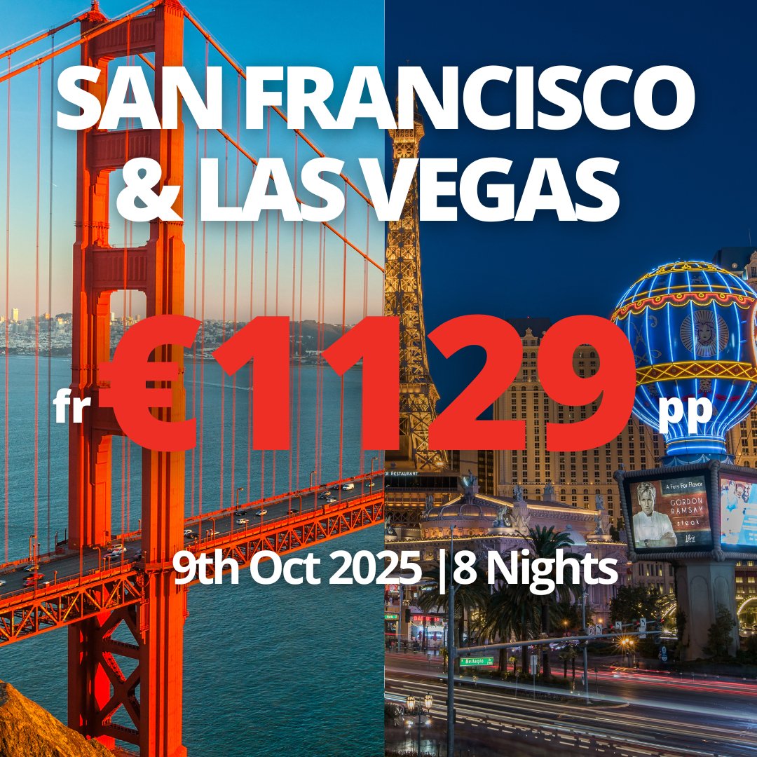 Tour America (@touramericatv) on Twitter photo 🌟🎉 SAN FRANCISCO & LAS VEGAS ADVENTURE! 🎉🌟
🗓️ 9th October 2025
✈️ Return Flights
💰 ONLY €1,129 per person (2 adults sharing)
🏨 3 Nights at Hotel Abri
🏨 5 Nights at Excalibur Hotel & Casino
Ref: 724011
Book today!
📞 01 8173535 📧 sales@touramerica.ie 🌟🎉 SAN FRANCISCO & LAS VEGAS ADVENTURE! 🎉🌟
🗓️ 9th October 2025
✈️ Return Flights
💰 ONLY €1,129 per person (2 adults sharing)
🏨 3 Nights at Hotel Abri
🏨 5 Nights at Excalibur Hotel & Casino
Ref: 724011
Book today!
📞 01 8173535 📧 sales@touramerica.ie