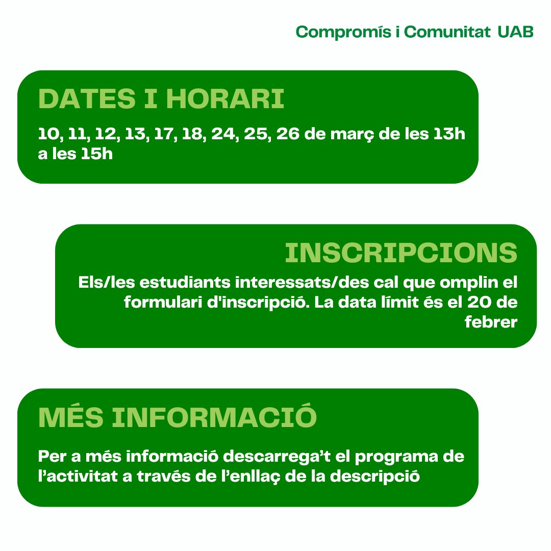 Apunteu-vos a l’activitat amb reconeixement acadèmic sobre habilitats comunicatives i competències digitals. 
🗓️10, 11, 12, 13, 17, 18, 24, 25, 26 de març. De 13h a 15h.

Inscripcions: eformularis.uab.cat/group/dinamitz…
Més informació:  uab.cat/doc/programaha…