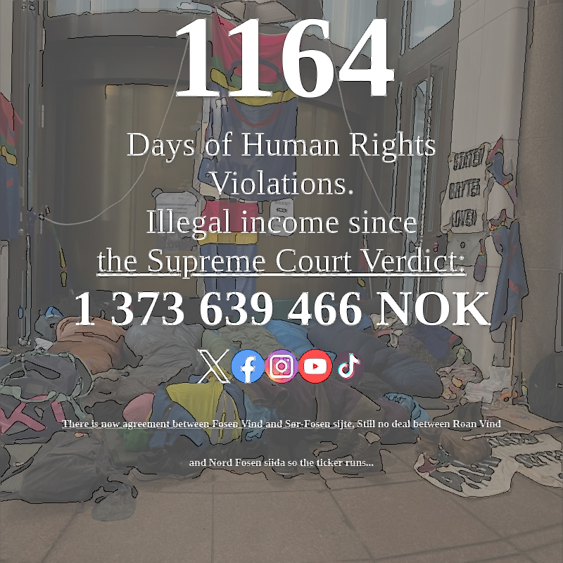FosenTicker's tweet photo. 1164 days and counting!
Clean energy is the future, but it should not tarnish the roots of indigenous cultures. #Fosen #CleanEnergyWithConscience #JusticeOverMoney
https://t.co/Js6dP3f5TM
https://t.co/HMndLXqoO0 https://t.co/Hv1tG9zjo9