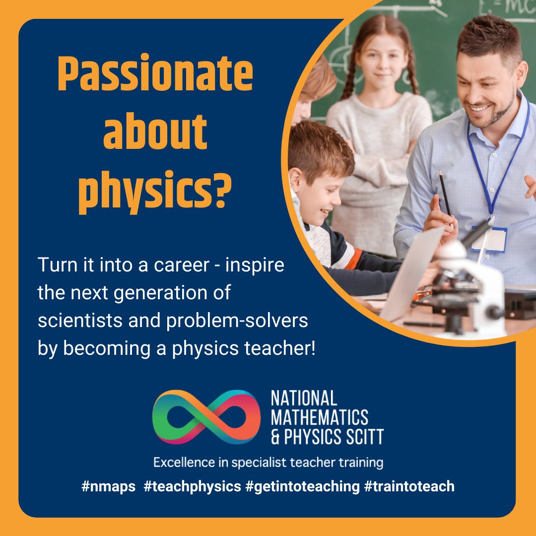 BeATeacherUK's tweet photo. Passionate about physics? Turn it into a career - inspire the next generation of scientists and problem-solvers by becoming a physics teacher! Apply to our teacher training programme today: https://t.co/W8Eoj5TwVR
#nmaps #teachmaths #teachphysics #traintoteach #getintoteaching https://t.co/anHxEntUC9