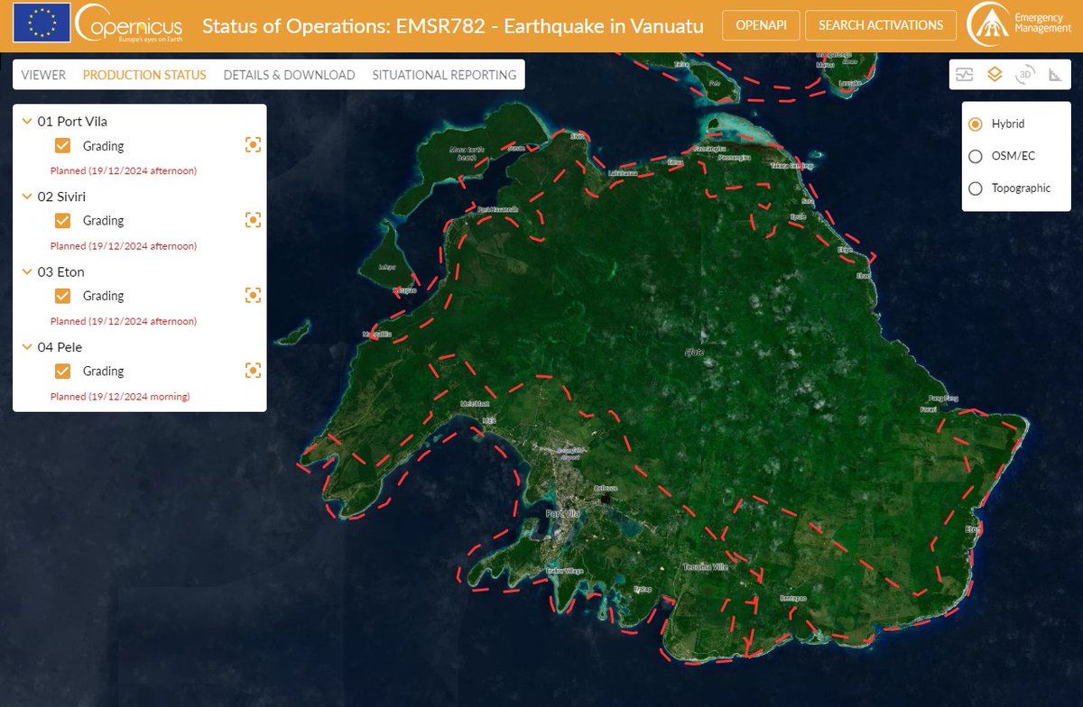 Following the magnitude 7.3 earthquake in Vanuatu, the European Satellite Service <a href="/CopernicusEMS/">Copernicus EMS</a> has been activated for rapid damage assessment on critical infrastructure.

The production of grading maps is underway, which will be made available here: rapidmapping.emergency.copernicus.eu/EMSR782/report…