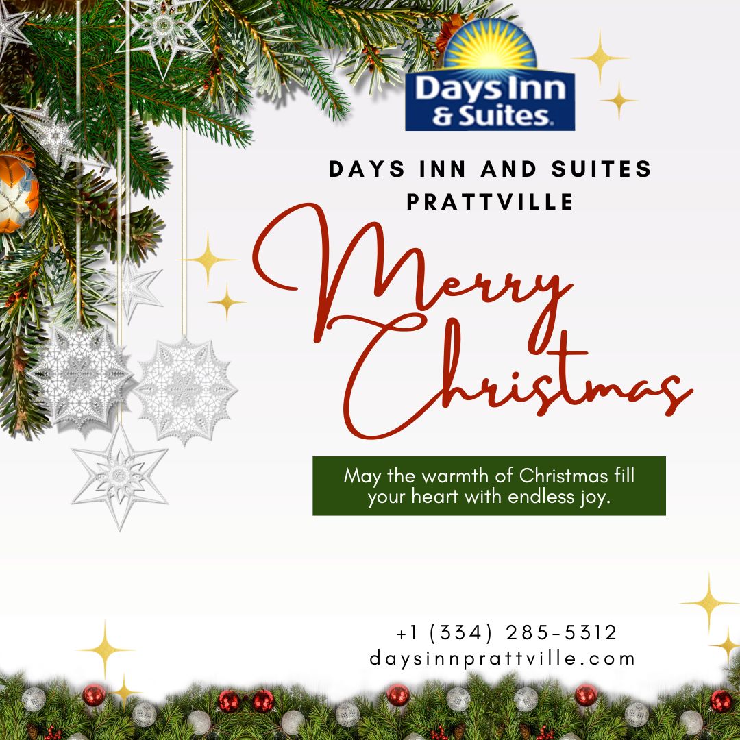 daysinnprattvil's tweet photo. Here’s to festive memories, joyful moments, and cozy stays this Christmas. ❄️ Days Inn &amp; Suites Prattville wishes you a wonderful holiday season! https://t.co/mQkB8bwQpg
Call now:+1 (334) 285-5312 #SeasonGreetings #MerryChristmas2024 #DaysInnSuitesPratville #HolidayMagic https://t.co/7MjGDdCayt