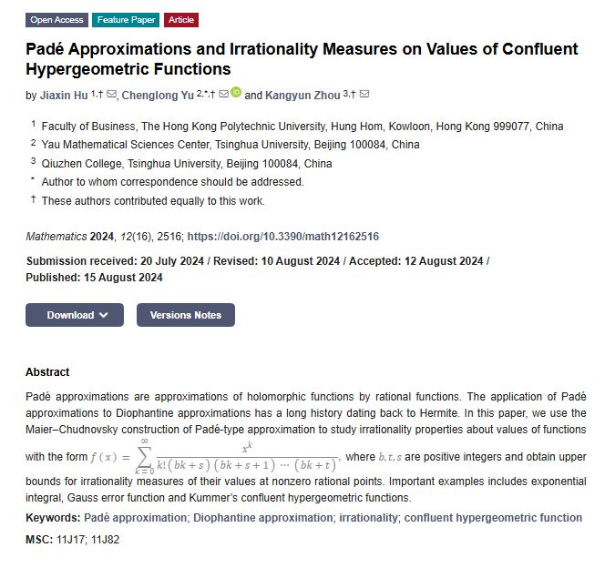 MathematicsMDPI's tweet photo. #Mathematics #paticularinterested
📄#Padé_Approximations and #Irrationality Measures on Values of #Confluent_Hypergeometric_Functions
✍️ Prof. Chenglong Yu et al.
🏫Tsinghua University, China et al.
👉 https://t.co/UNvjNq3GEx
#Number_theory
@MDPIOpenAccess @ComSciMath_Mdpi https://t.co/iiLXXo4vf8