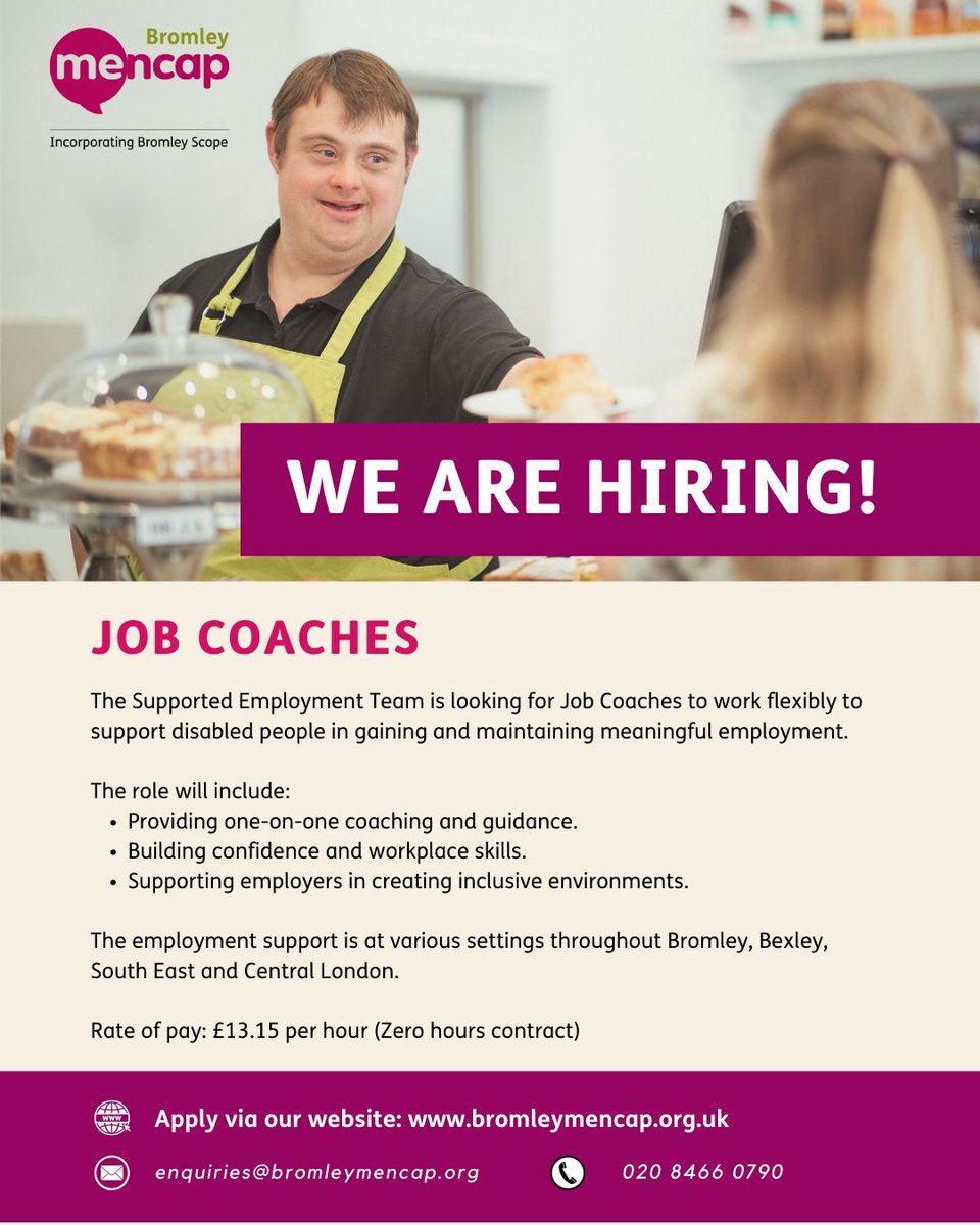 📣 We're hiring Job Coaches!

Support disabled people to gain and keep meaningful jobs.

📍 Bromley, Bexley &amp; SE/Central London
💷 £13.15/hr (zero hours contract)

Apply now to make a difference!  
Apply: buff.ly/3DCt204