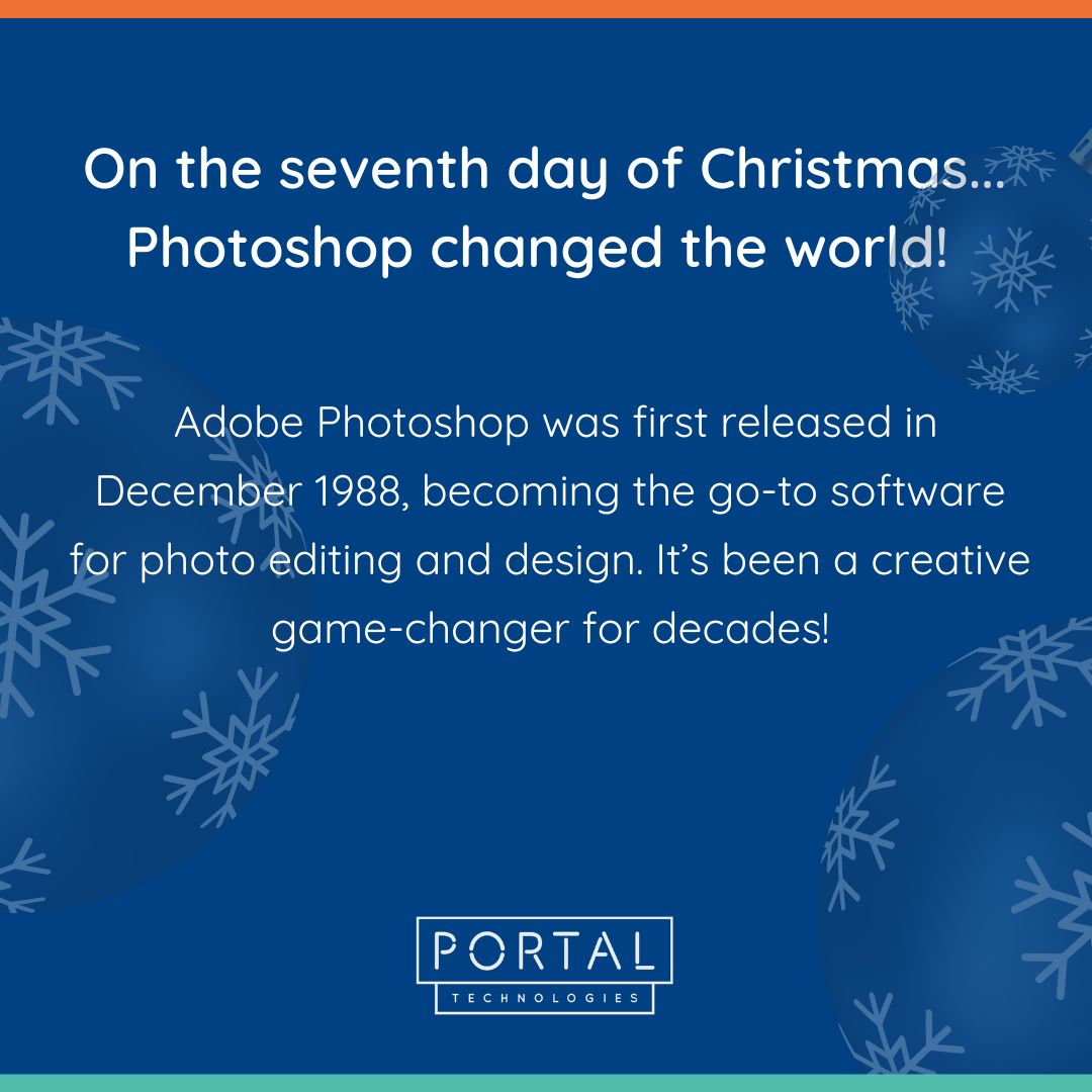 UKPortalTech's tweet photo. On the seventh day of Christmas... Photoshop changed the world!
Adobe Photoshop was first released in December 1988, becoming the go-to software for photo editing and design. It’s been a creative game-changer for decades!
#AdobePhotoshop #GraphicDesign #PhotoEditing #CreativeT... https://t.co/5vQFxX50Rn