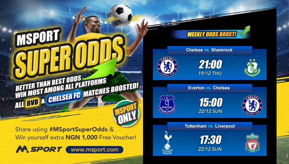 MSportOfficial's tweet photo. Here are the 𝗧𝗼𝗽 𝟯 matches currently boosted to Super Odds Matches across all platforms!🥰📷Stand a chance to win a ₦𝟭𝟬𝟬𝟬 𝘃𝗼𝘂𝗰𝗵𝗲𝗿 by sharing your thoughts using #𝗠𝗦𝗽𝗼𝗿𝘁𝗦𝘂𝗽𝗲𝗿𝗢𝗱𝗱𝘀 & 𝟭𝟬 𝗹𝘂𝗰𝗸𝘆 𝘄𝗶𝗻𝗻𝗲𝗿𝘀 will be selected randomly. Don’t miss out on the chance to win BIG! For more information, click 📷
https://t.co/ZY342wRRKv

#MSport #ConferenceLeague #PremierLeague #Chelsea #Shamrock #Everton #Chelsea #Tottenham #Liverpool