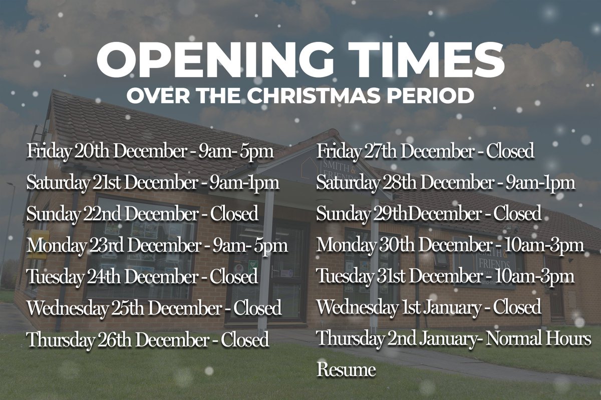 We would like to inform you of our Christmas Opening hours for all of our Smith &amp; Friends Estate Agents branches

From everyone here at Smith &amp; Friends, we wish you all a very Merry Christmas 🎅🏼

#SmithAndFriends #EstateAgents #ChristmasOpeningHours #HereToHelp #MerryChristmas