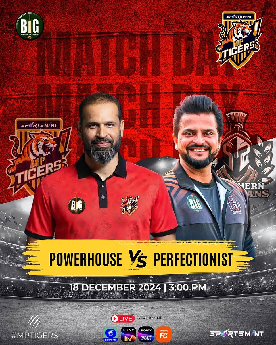 mptigers_'s tweet photo. MP Tigers Going to Face Southern Spartans

With already qualified for Semi-Finals, MP Tigers can try their bench strength. 

📅 Wednesday, Dec 18, 2024
🕖 3:00 PM

✅✅✅

Watch live on on Sony Sports Ten 5/LIV, DD Sports and FanCode!
@sportsmint_
#MPTigers #BigCricketLeague https://t.co/6s0PlhuN6Z