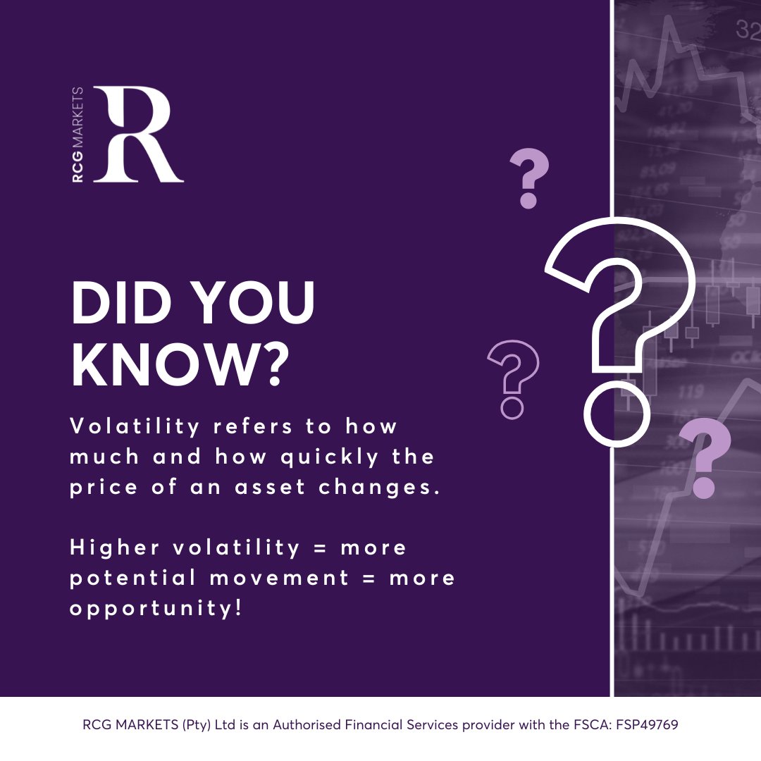 RCGMarketsSA's tweet image. Boost your trading knowledge! Today’s term: Volatility. The more you know, the sharper you trade. 💪

#TradingGlossary #RCGWay #forex #trading #forextrader #forextrading #money #forexsignals #trader #forexlifestyle