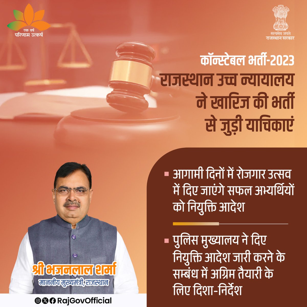 RajGovOfficial's tweet photo. राजस्थान उच्च न्यायालय, जयपुर द्वारा कॉन्स्टेबल भर्ती-2023 से संबंधित, एसबी सिविल रिट याचिका संख्या 20250/2023 द्वारा, सौरभ कुमार व अन्य बनाम राज्य सरकार एवं अन्य 118 याचिकाओं को खारिज कर दिया है। इससे इस भर्ती परीक्षा के सफल अभ्यर्थियों को, नियुक्ति आदेश जारी करने का मार्ग प्रशस्त हो गया है।
#राजस्थान_सरकार
#GovernmentOfRajasthan