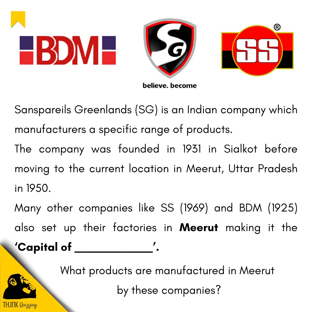 SridharHRS's tweet image. Quiz 1616) What products are manufactured in Meerut by companies like SG, SS and BDM making Meerut the &apos;Capital of __________&apos;?

#thinkquizzing #QuizTime  #quizmaster #Meerut #quiz